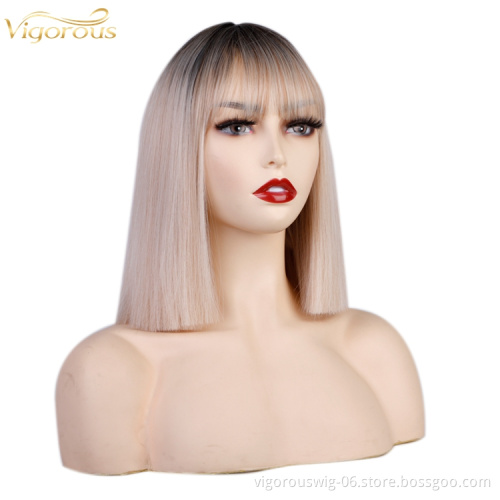 Ombre Highlight blonde Bob Cut Wigs with Bangs for Women 12inch Straight Short Hair Synthetic Heat Resistant colorful Natural